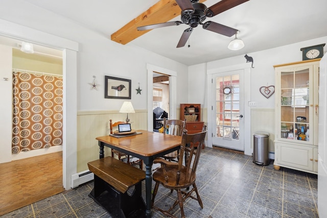 dining space featuring a baseboard radiator, beam ceiling, ceiling fan, and wainscoting