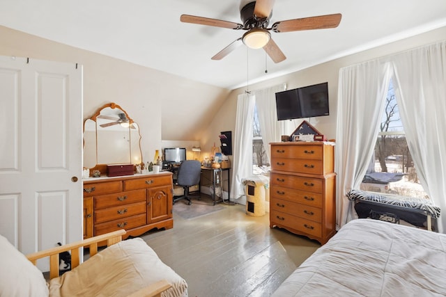 bedroom with light wood-style flooring, ceiling fan, and vaulted ceiling