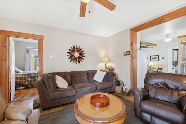 living room with a ceiling fan and hardwood / wood-style floors