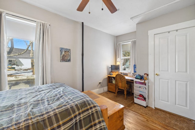 bedroom featuring light wood finished floors, multiple windows, baseboards, and a ceiling fan