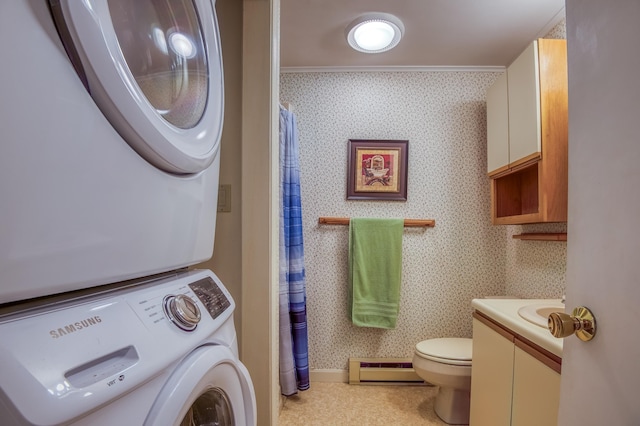 bathroom featuring a baseboard radiator, stacked washer / drying machine, toilet, and wallpapered walls