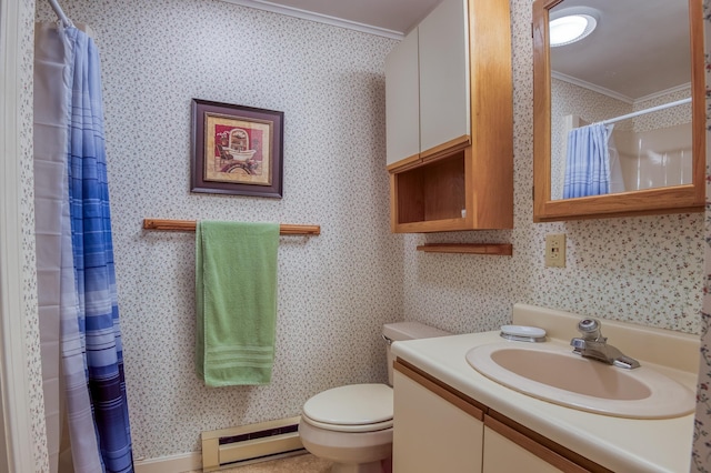 full bath with wallpapered walls, crown molding, vanity, and a baseboard radiator