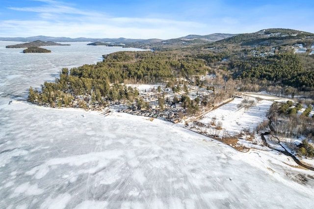 snowy aerial view featuring a mountain view