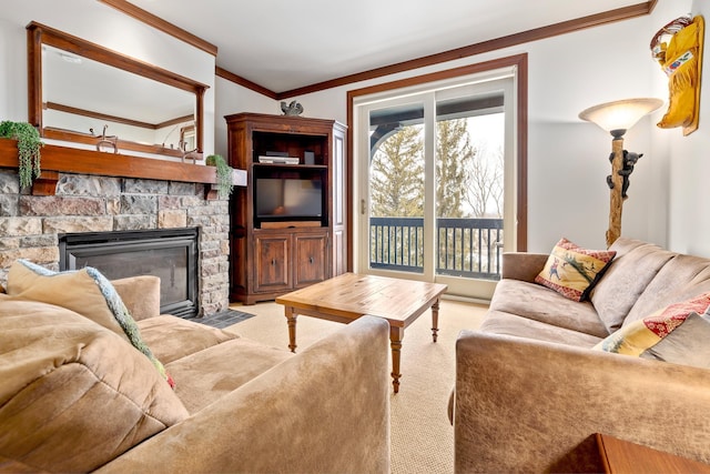 carpeted living area with crown molding and a fireplace