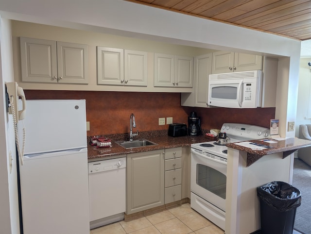 kitchen with light tile patterned floors, white appliances, wooden ceiling, and a sink