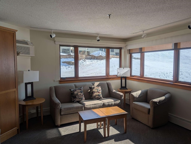 living area featuring a textured ceiling and a wall unit AC