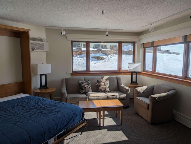 bedroom featuring a wall mounted AC, rail lighting, dark carpet, and a textured ceiling