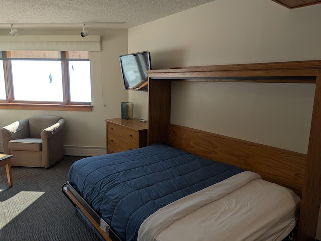 bedroom featuring baseboards, a textured ceiling, rail lighting, and carpet