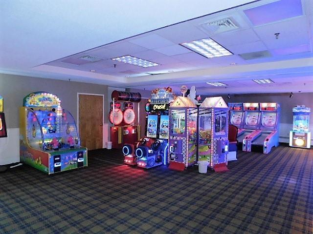 playroom with visible vents, a paneled ceiling, a tray ceiling, and carpet floors