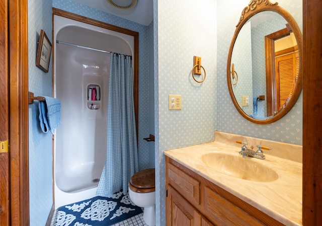 39 Birch Glen Dr, Bennington, NH 03442 - full bathroom with toilet, wallpapered walls, a shower stall, tile patterned flooring, and vanity