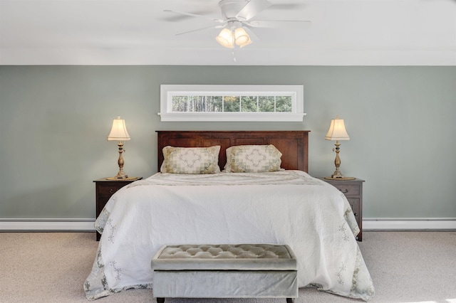 bedroom featuring ceiling fan, carpet floors, and a baseboard radiator