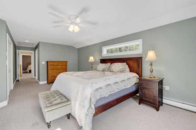 bedroom with light carpet, a baseboard radiator, baseboards, ceiling fan, and vaulted ceiling