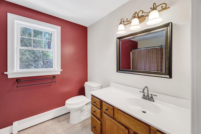 full bath with a baseboard heating unit, baseboards, toilet, tile patterned floors, and vanity