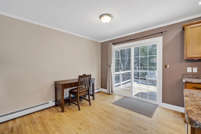 office area with light wood-type flooring, baseboards, crown molding, and a baseboard radiator