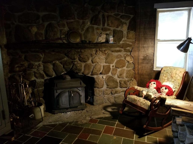 interior details with a wood stove