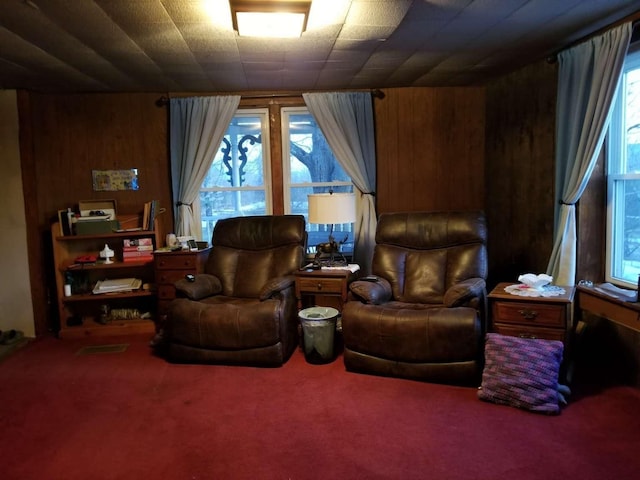 sitting room featuring wooden walls and carpet floors