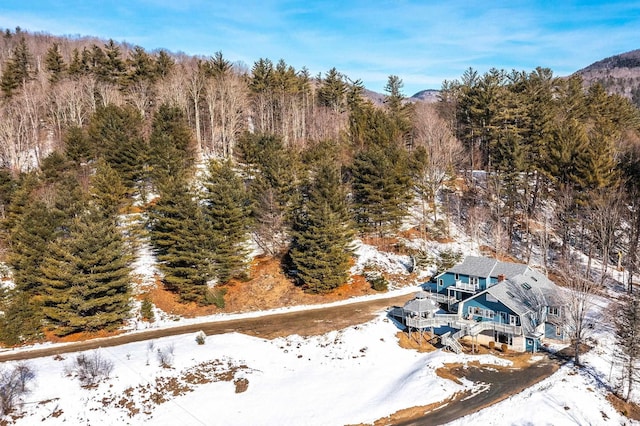 snowy aerial view with a forest view
