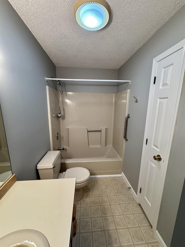 bathroom with tile patterned floors, toilet, a textured ceiling, baseboards, and shower / bathtub combination