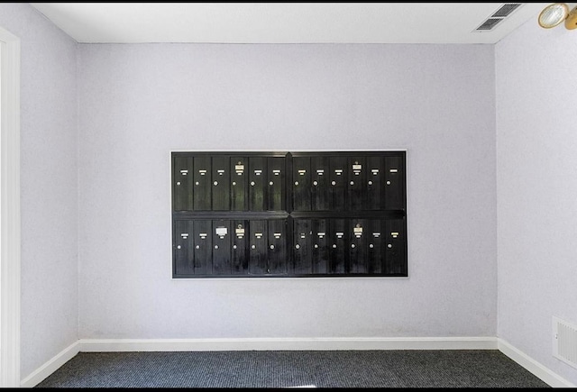 details featuring mail area, baseboards, visible vents, and carpet floors