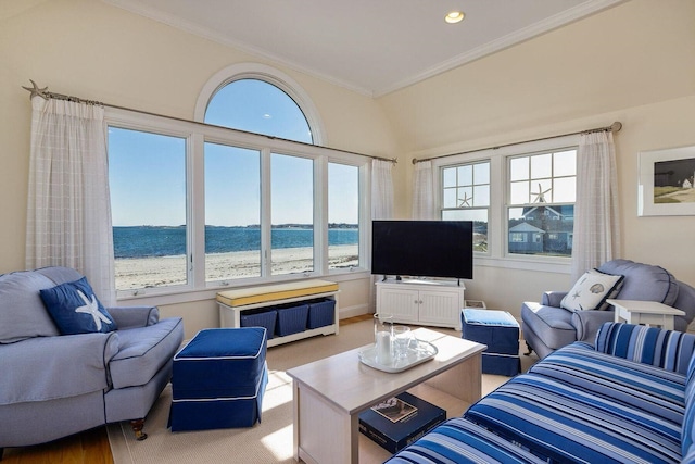 living area with recessed lighting, carpet flooring, and crown molding