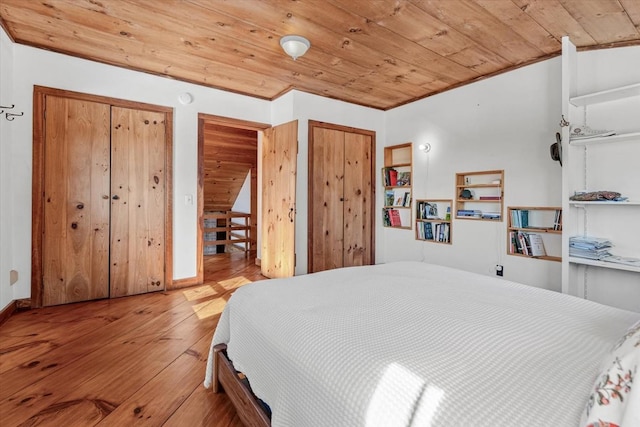 882 Mitchell Rd, Shrewsbury, VT 05738 - bedroom with baseboards, multiple closets, wood ceiling, and wood-type flooring