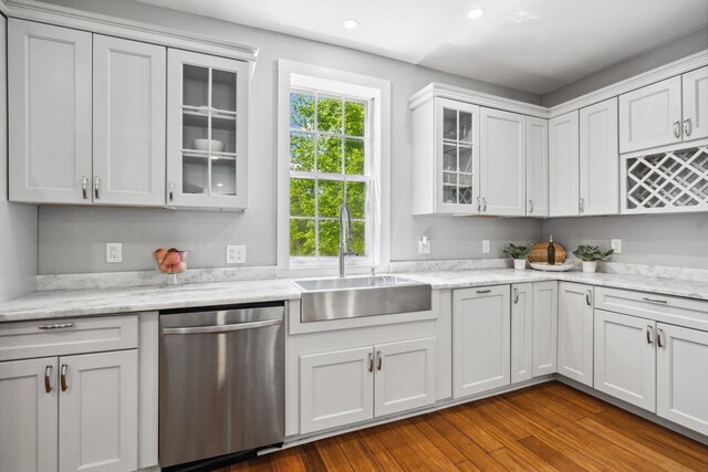 51 E Derry Rd, Derry, NH 03038 - kitchen featuring dark wood finished floors, a sink, white cabinets, glass insert cabinets, and stainless steel dishwasher