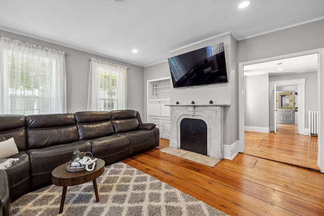 51 E Derry Rd, Derry, NH 03038 - living room featuring crown molding, recessed lighting, baseboards, and wood-type flooring