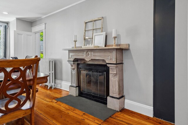 51 E Derry Rd, Derry, NH 03038 - interior details with baseboards, radiator, wood finished floors, and a fireplace with flush hearth