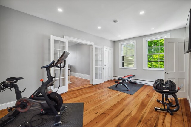 51 E Derry Rd, Derry, NH 03038 - exercise room featuring recessed lighting, light wood-style flooring, french doors, and baseboards