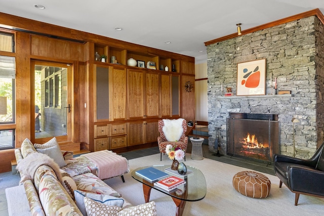 living area featuring a fireplace