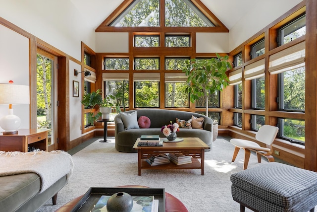 living room with a wealth of natural light, high vaulted ceiling, and carpet