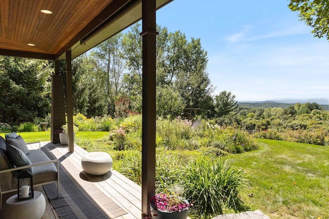 wooden terrace with a yard