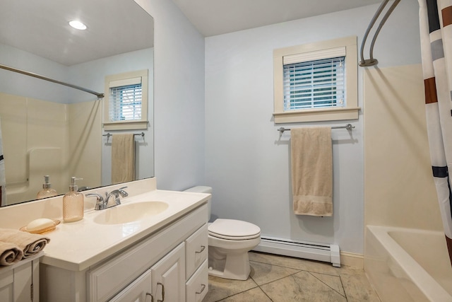 full bath featuring vanity, tile patterned flooring, shower / bath combination with curtain, toilet, and a baseboard radiator
