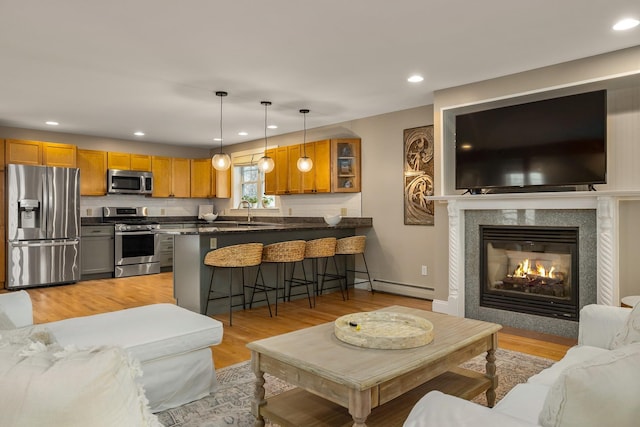 living area with recessed lighting, light wood finished floors, and a baseboard radiator