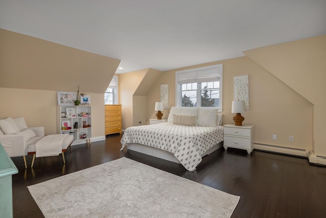 bedroom with baseboard heating, baseboards, dark wood-style floors, and recessed lighting