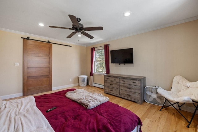 9 Sands Ter, Barnstead, NH 03225 - bedroom featuring a baseboard radiator, a barn door, light wood-style floors, ornamental molding, and baseboards