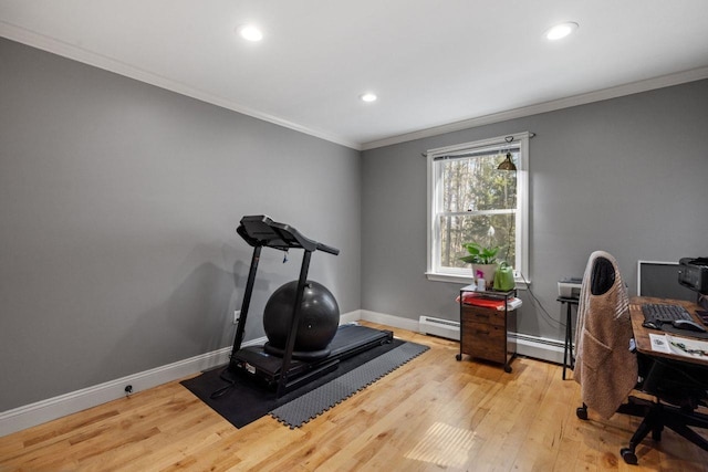 9 Sands Ter, Barnstead, NH 03225 - exercise room with a baseboard heating unit, wood finished floors, baseboards, ornamental molding, and recessed lighting