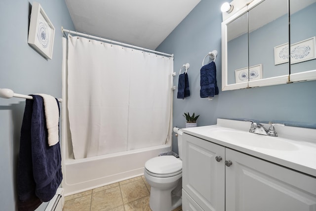 bathroom with a baseboard heating unit, shower / tub combo, toilet, and vanity