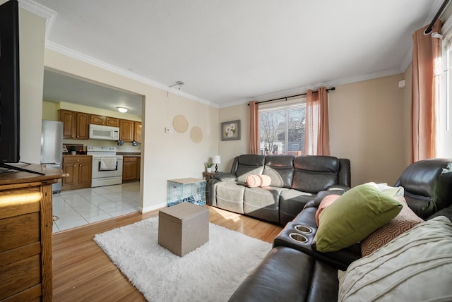 living room featuring light wood-style flooring, baseboards, and ornamental molding