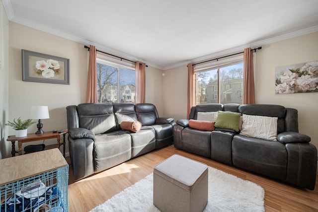 living area featuring a healthy amount of sunlight, wood finished floors, and crown molding
