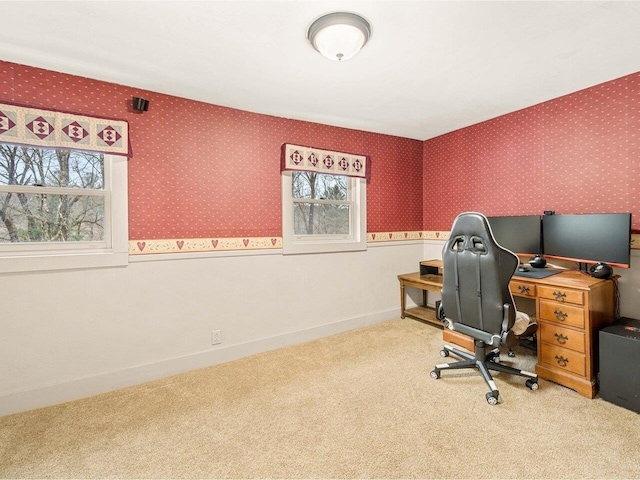 office area featuring wallpapered walls, carpet flooring, baseboards, and a wainscoted wall