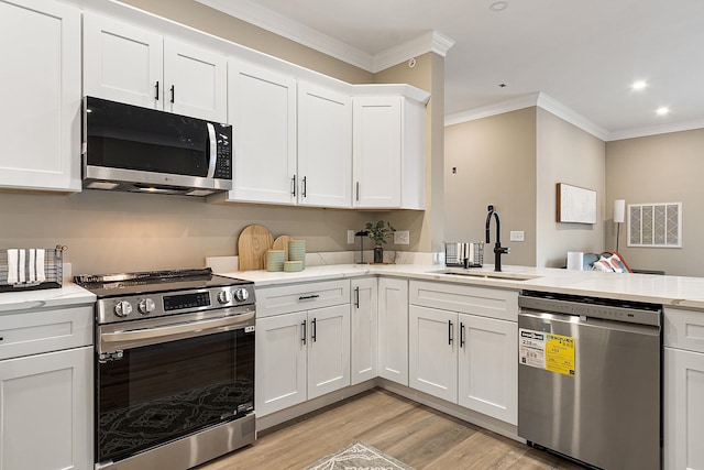 kitchen featuring a sink, stainless steel appliances, crown molding, and light wood-type flooring