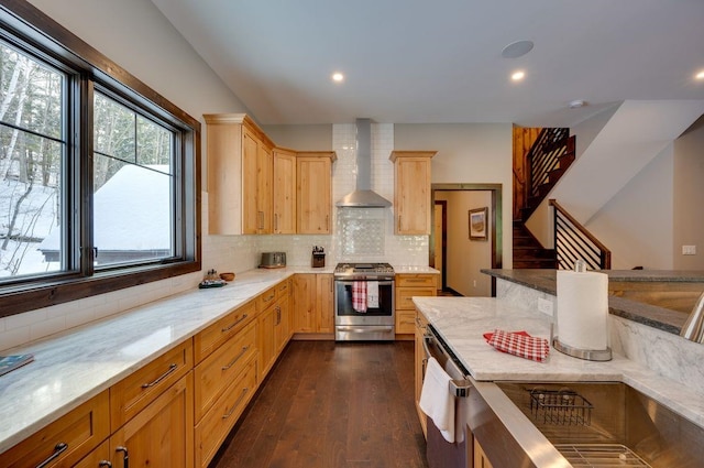 169 S Peak Rd, Lincoln, NH 03251 - kitchen featuring decorative backsplash, dark wood-style flooring, light brown cabinetry, wall chimney range hood, and appliances with stainless steel finishes