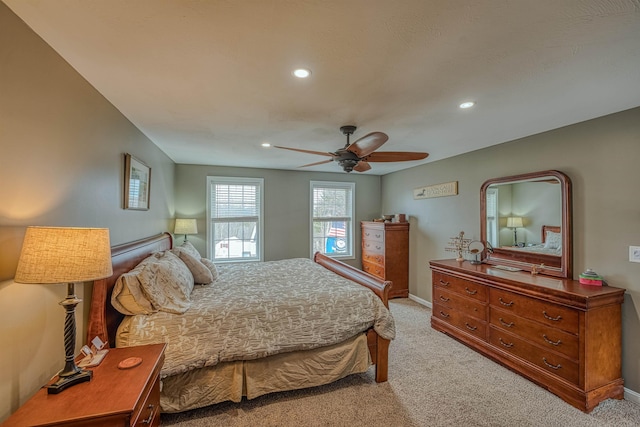 bedroom featuring baseboards, ceiling fan, recessed lighting, and light carpet