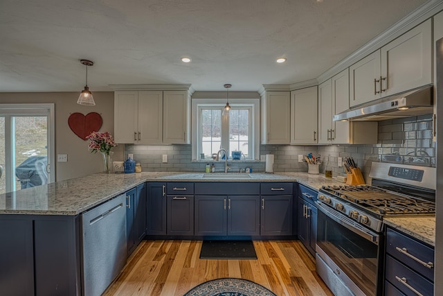 kitchen with a sink, light wood finished floors, appliances with stainless steel finishes, a peninsula, and under cabinet range hood