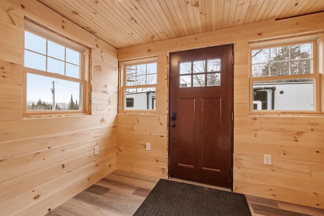 entryway with wood ceiling, plenty of natural light, and wood walls