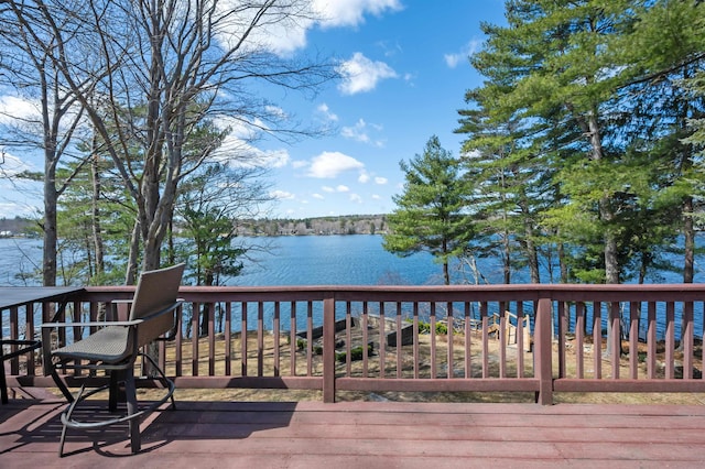 deck featuring a water view