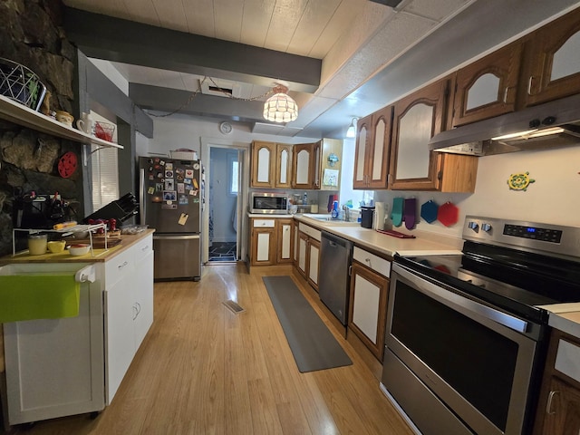 kitchen with light wood finished floors, stainless steel appliances, a sink, light countertops, and under cabinet range hood
