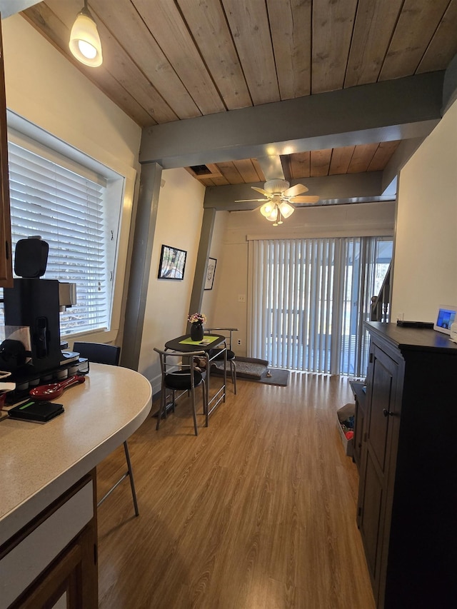 dining space with visible vents, a ceiling fan, wood finished floors, and wooden ceiling