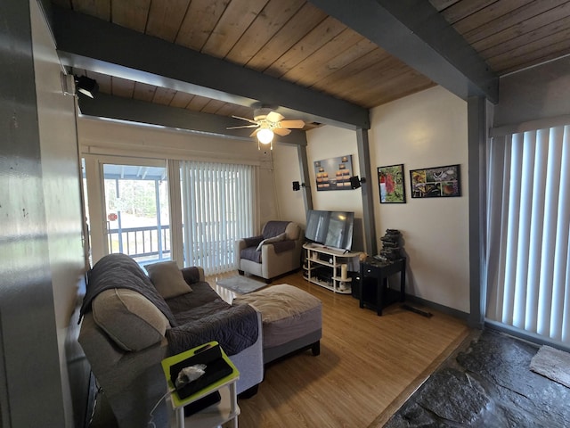 living area with beamed ceiling, wood finished floors, wooden ceiling, and ceiling fan